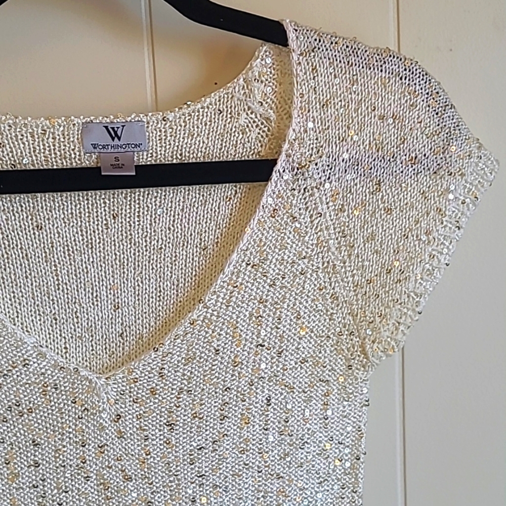 WORTHINGTON Cream Sparkling Short-Sleeved Sweater, Size Small